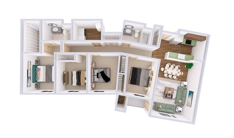 Floor plan for 4 beds, 2 baths, 1529 sqft